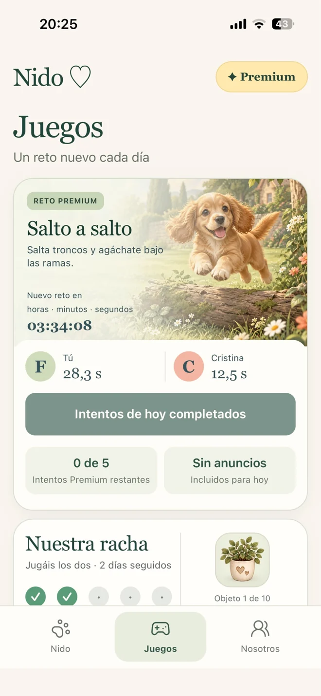 Pantalla real de Juegos: reto diario y resultados de los dos